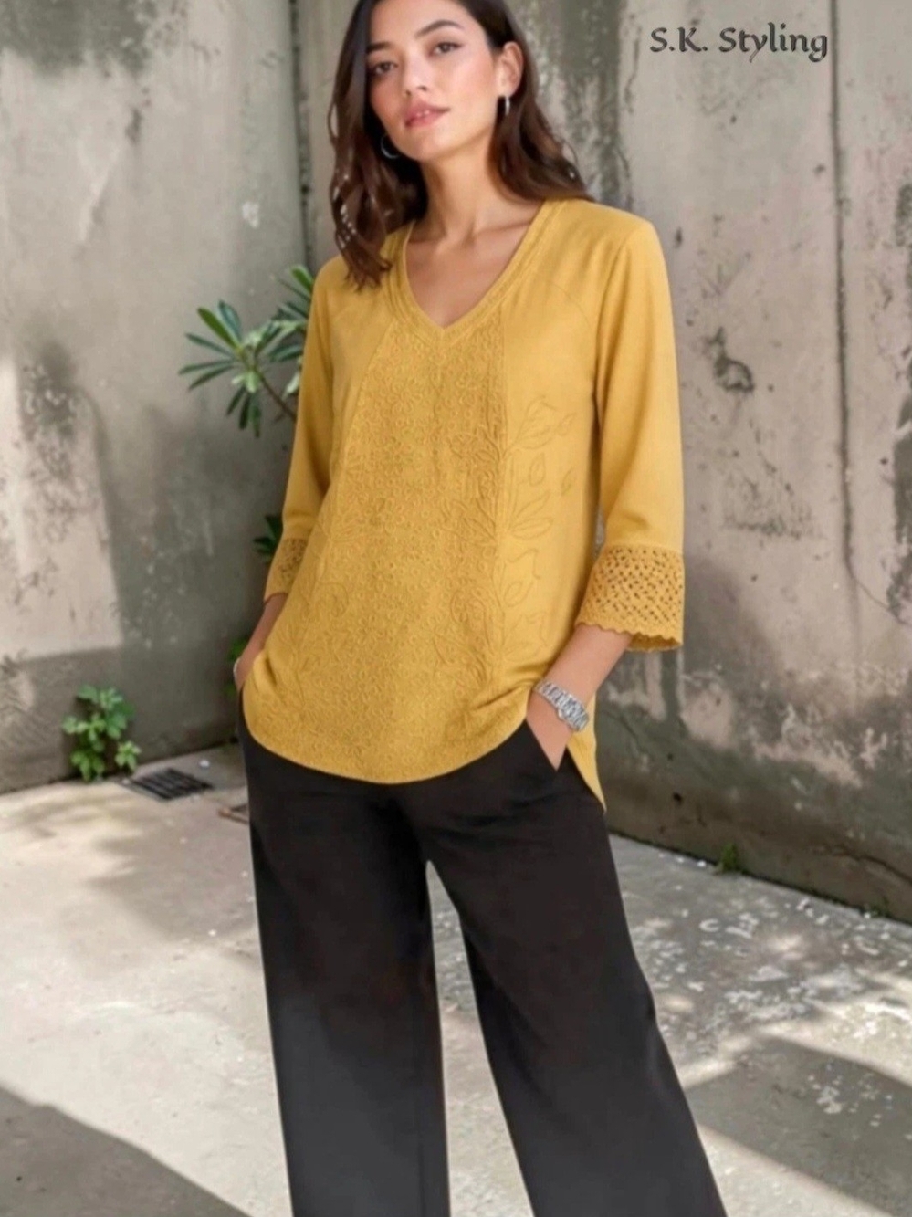 Gretty Zueger Mustard Gold Embroidered Lagenlook Tunic Top - Size L